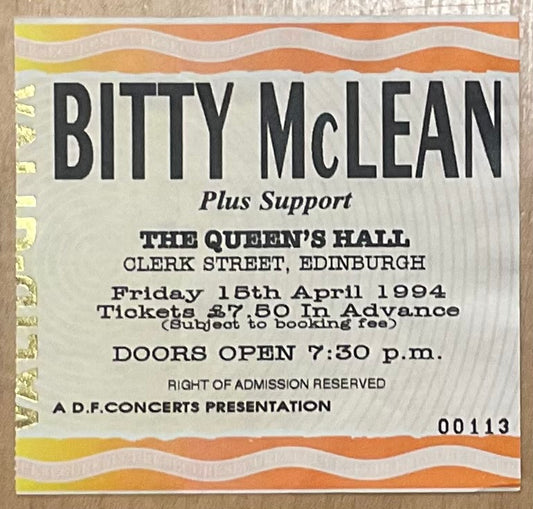 Bitty McLean Original Used Concert Ticket Queens Hall Edinburgh 15th Apr 1994