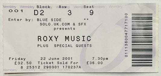 Roxy Music Original Used Concert Ticket Wembley Arena London 22nd Jun 2001