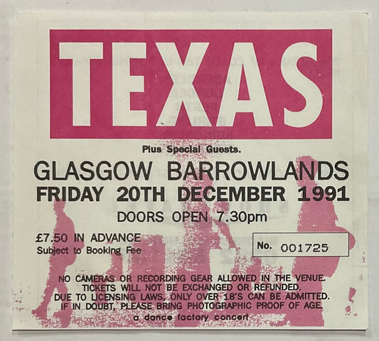 Texas Original Used Concert Ticket Barrowlands Ballroon Glasgow 20th Dec 1991