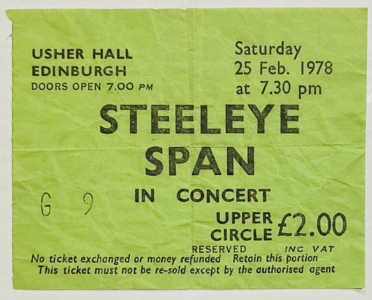 Steeleye Span Original Used Concert Ticket Usher Hall Edinburgh 25th Feb 1978