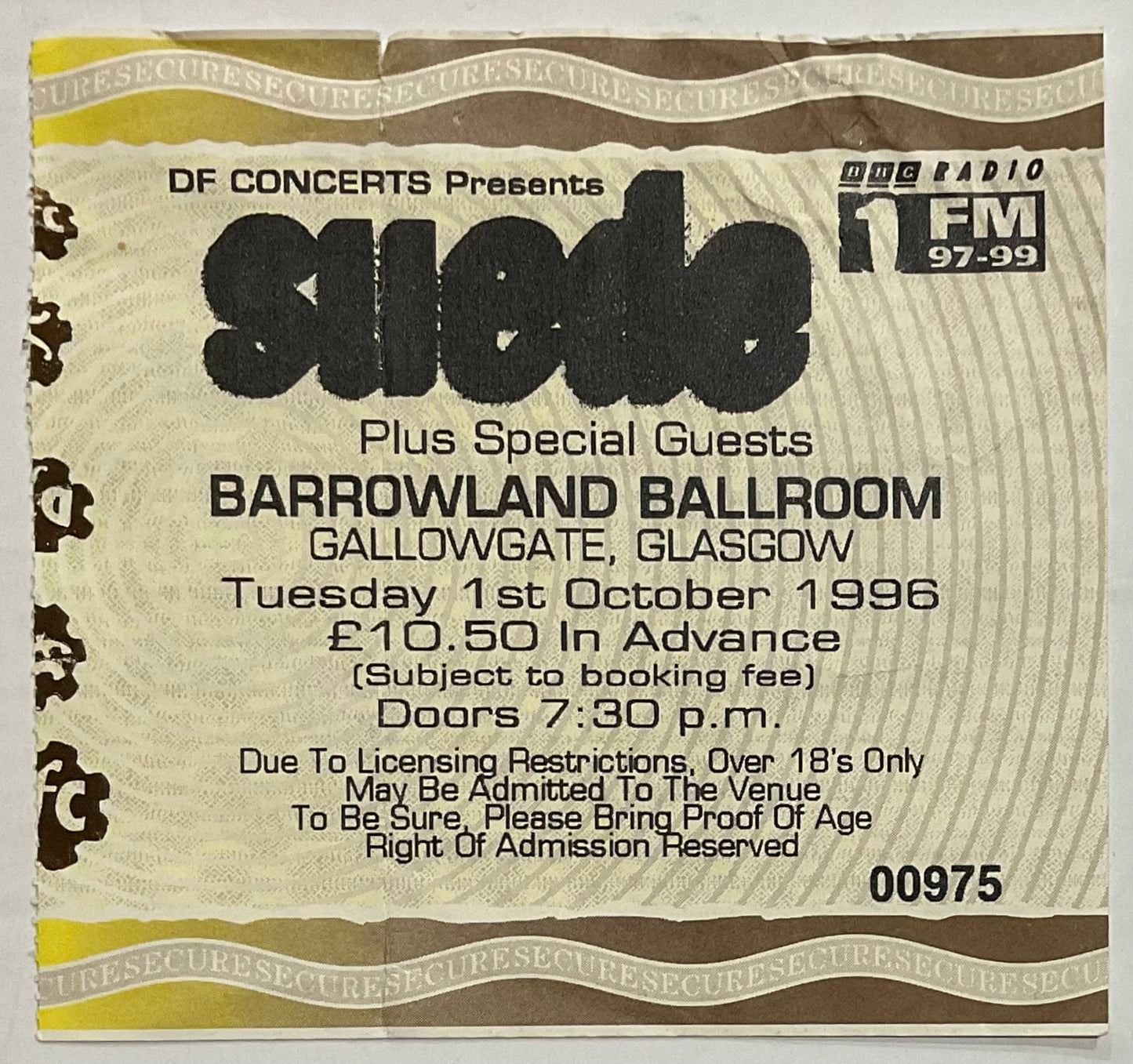 Suede Original Used Concert Ticket Barrowland Ballroom Glasgow 1st Oct 1996