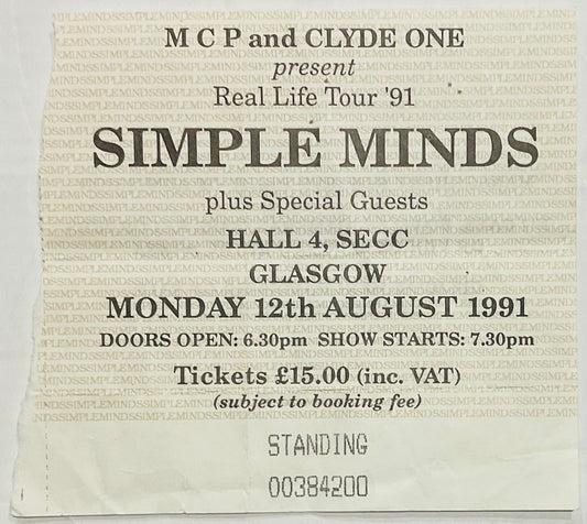 Simple Minds Original Used Concert Ticket SECC Glasgow 12th Aug 1991