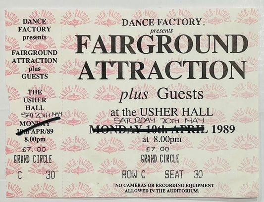 Fairground Attraction Original Unused Concert Ticket Usher Hall Edinburgh 20th May 1989