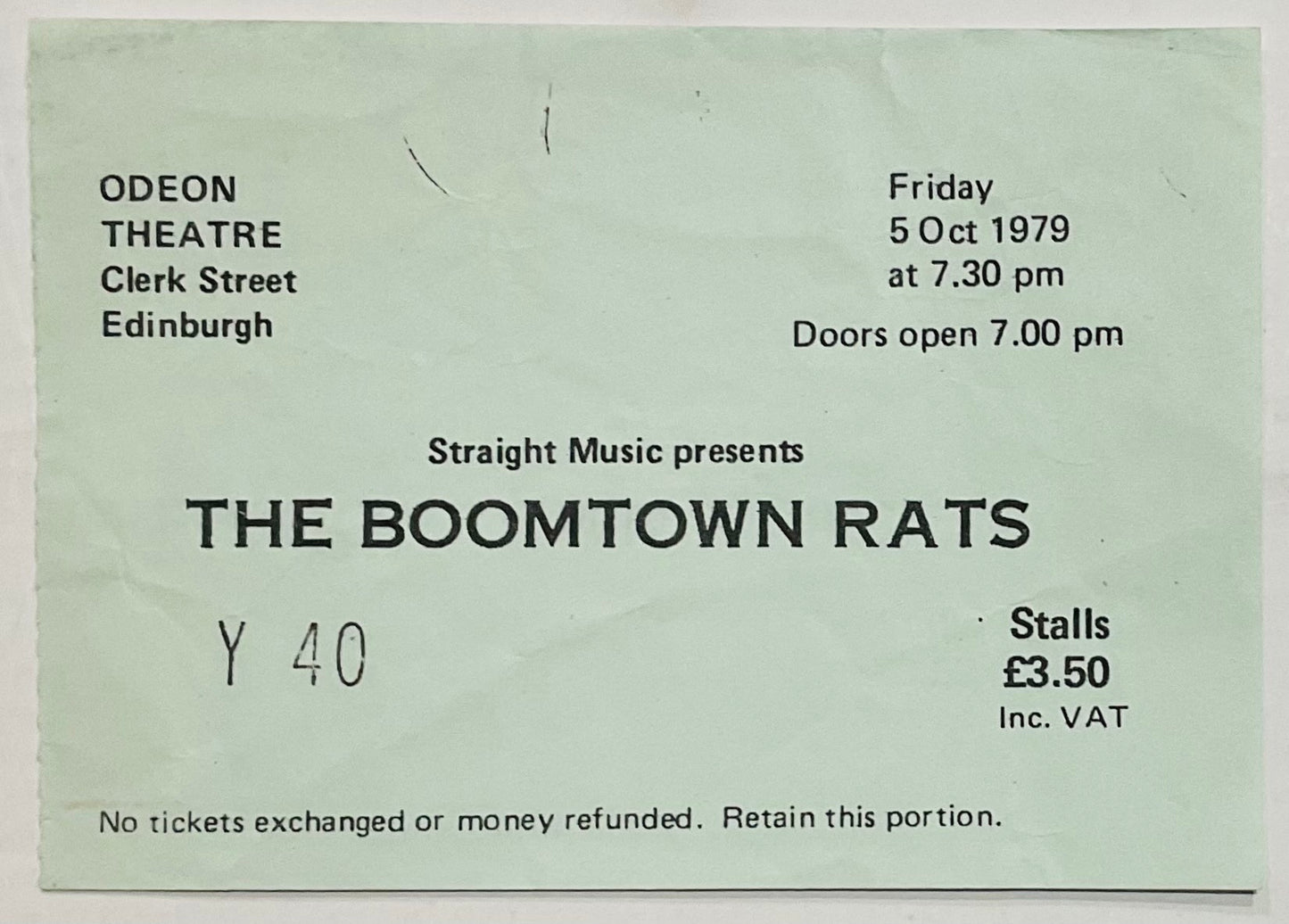 Boomtown Rats Original Used Concert Ticket Odeon Theatre Edinburgh 5th Oct 1979