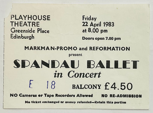 Spandau Ballet Original Used Concert Ticket Playhouse Theatre Edinburgh 22nd Apr 1983