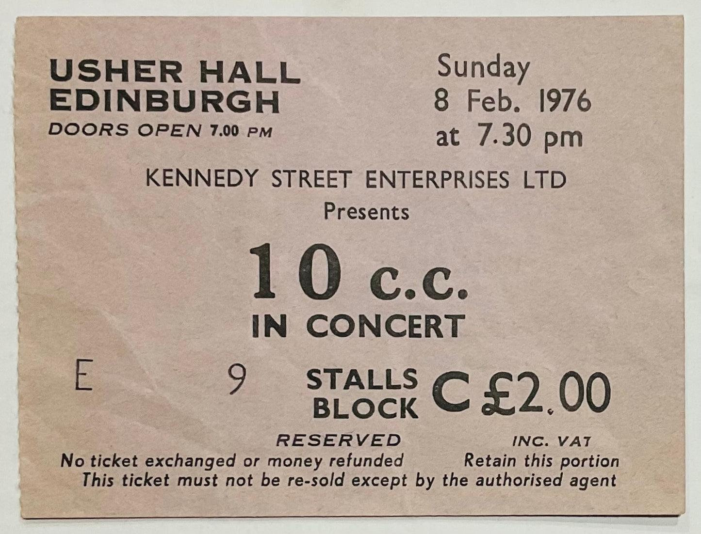 10cc Original Used Concert Ticket Usher Hall Edinburgh 8th Feb 1976