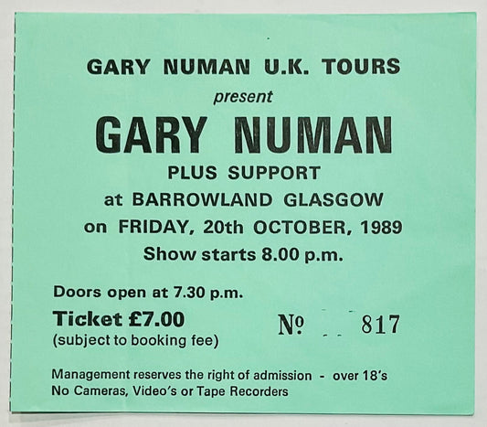 Gary Numan Original Used Concert Ticket Barrowland Ballroom Glasgow 20th Oct 1989