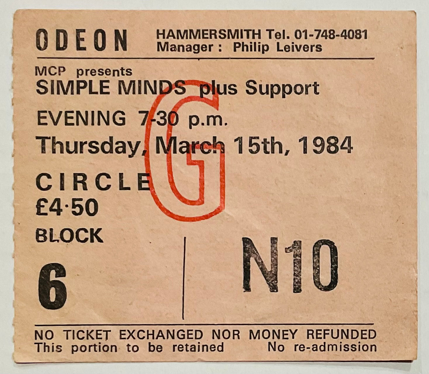 Simple Minds Original Used Concert Ticket Hammersmith Odeon London 15th Mar 1984