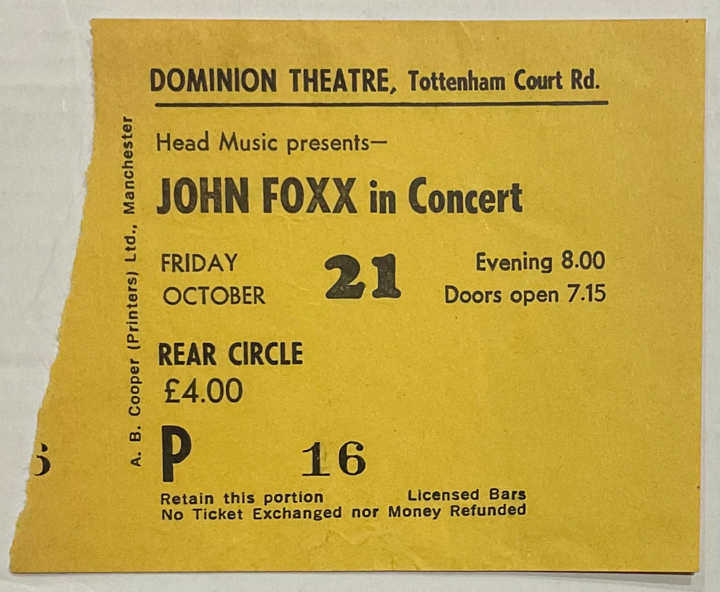 John Foxx Original Used Concert Ticket Dominion Theatre London 21st Oct 1983