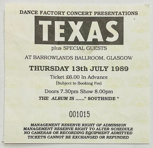 Texas Original Used Concert Ticket Barrowlands Ballroon Glasgow 13th July 1989