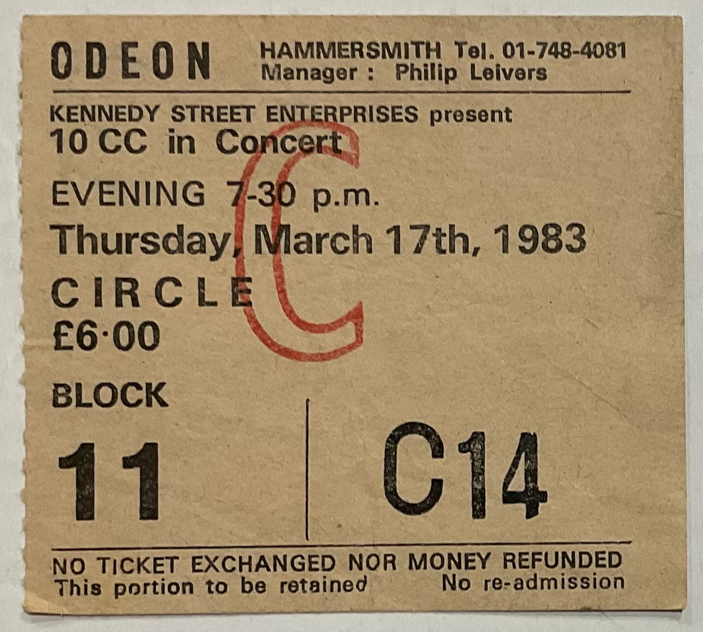 10cc Original Used Concert Ticket Hammersmith Odeon London 17th Mar 1983
