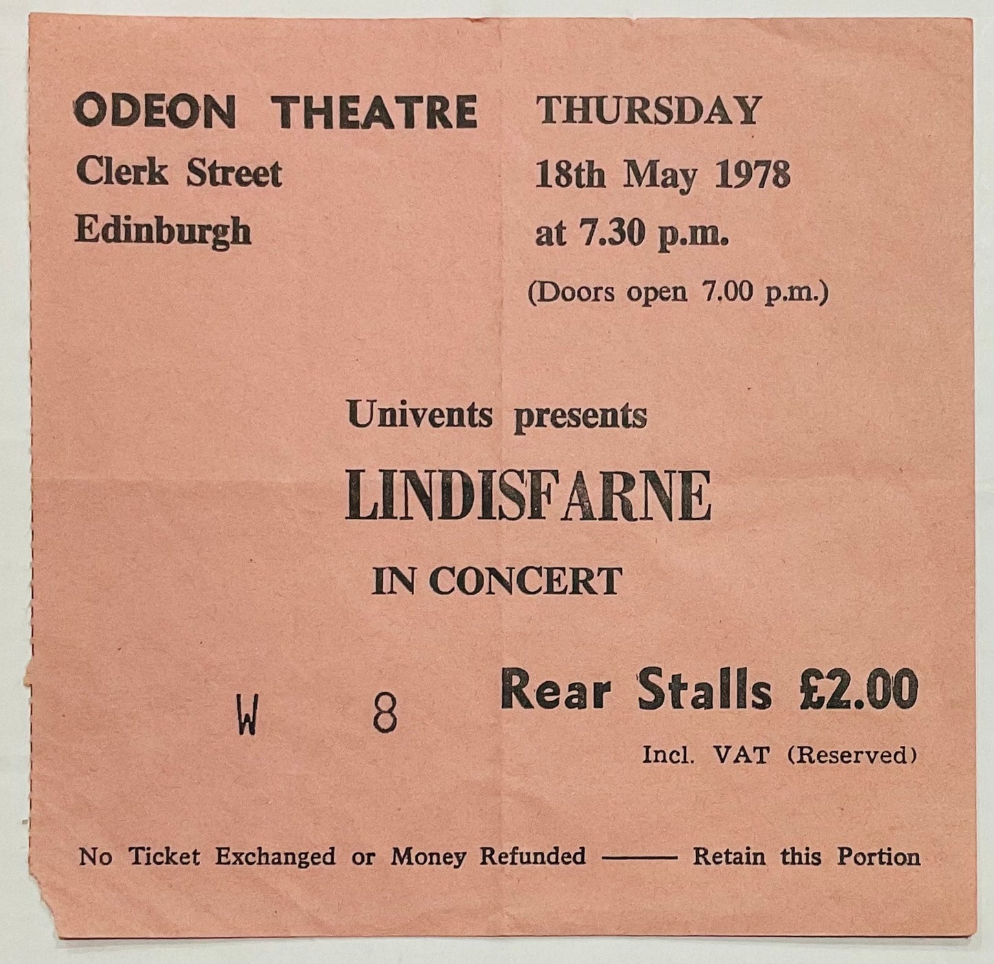 Lindisfarne Original Used Concert Ticket Odeon Theatre Edinburgh 18th May 1978