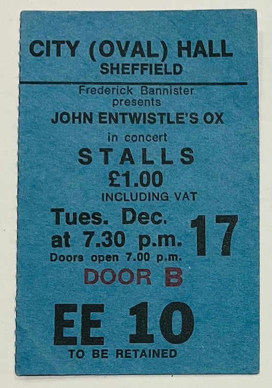 Who Ox John Entwistle Original Used Concert Ticket City Hall Sheffield 17th Dec 1974