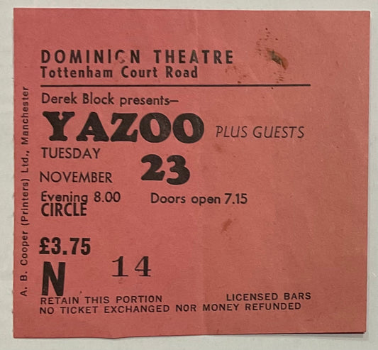 Yazoo Original Used Concert Ticket Dominion Theatre London 23rd Nov 1982