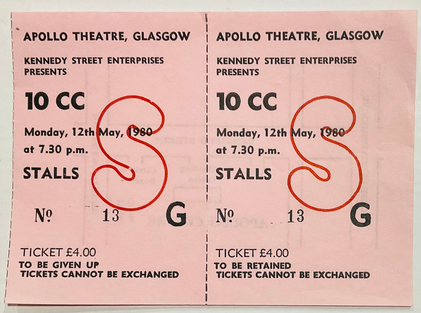 10cc Original Unused Concert Ticket Apollo Theatre Glasgow 12th May 1980