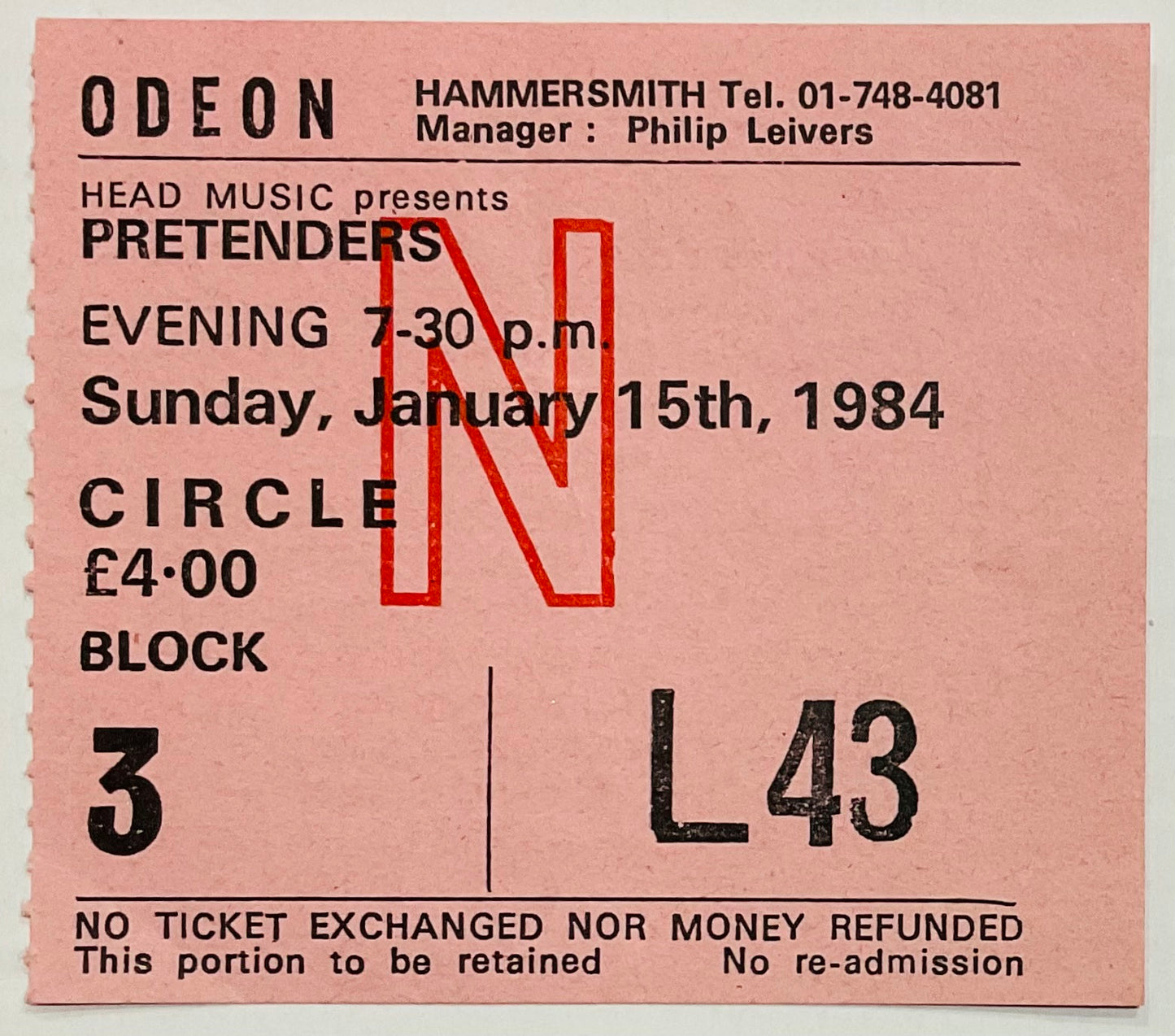 Pretenders Original Used Concert Ticket Hammersmith Odeon 15th Jan 1984