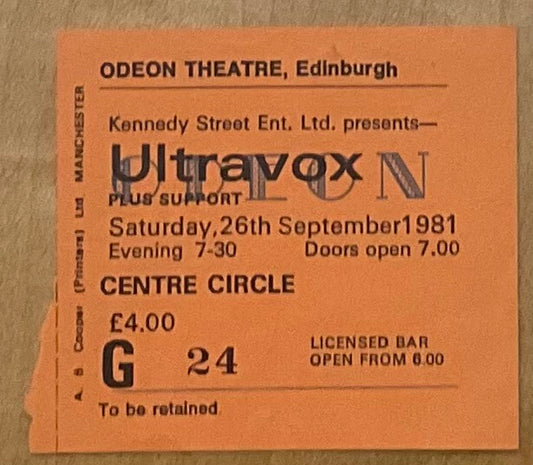 Ultravox Original Used Concert Ticket Odeon Theatre Edinburgh 26th Sep 1981