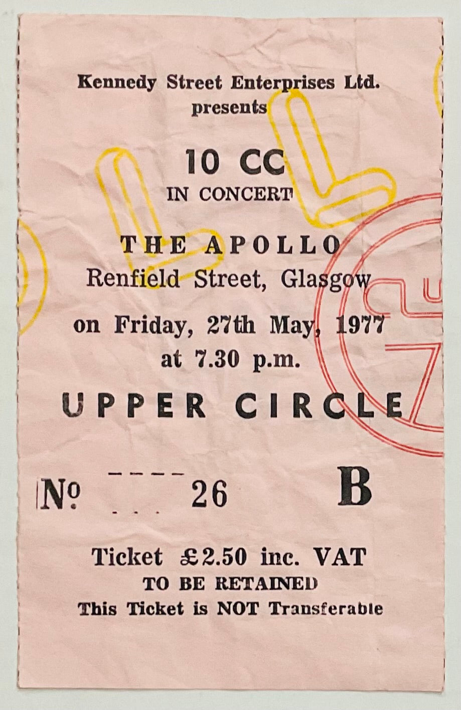 10cc Original Used Concert Ticket Apollo Theatre Glasgow 27th May 1977
