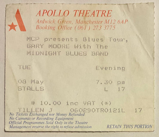 Gary Moore Original Used Concert Ticket Apollo Theatre Manchester 8th May 1990