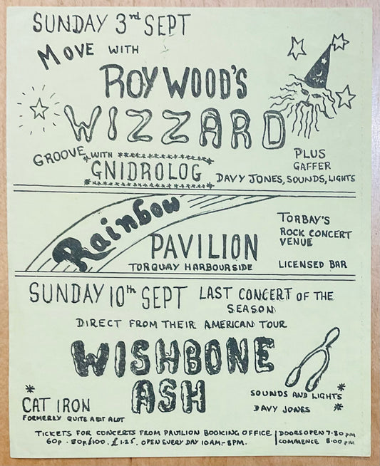 Roy Wood Wizzard Wishbone Ash Original Concert Handbill Flyer Pavilion Torquay Sep 1972