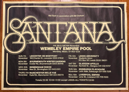 Santana Original Concert Tour Gig Poster UK Tour Nov 1976