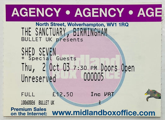 Shed Seven 7 Original Used Concert Ticket Sanctuary Birmingham 2nd Oct 2003