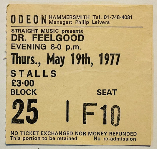 Dr Feelgood Original Used Concert Ticket Hammersmith Odeon London 19th May 1977