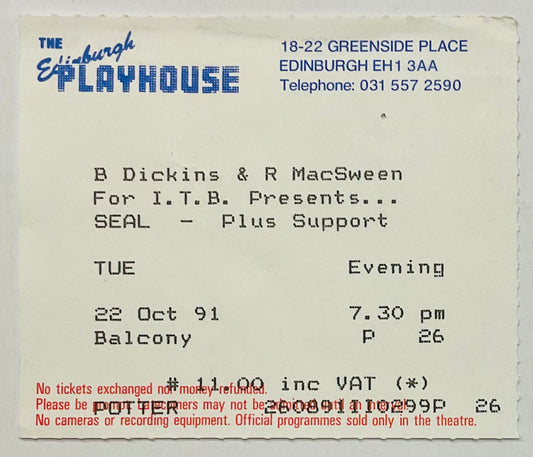 Seal Original Used Concert Ticket Edinburgh Playhouse 22nd Oct 1991