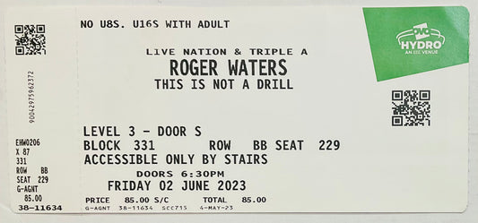 Pink Floyd Roger Waters Original Unused Concert Ticket Ovo Hydro Glasgow 2nd Jun 2023