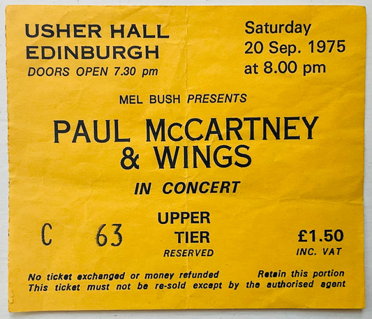 Beatles Paul McCartney Wings Original Used Concert Ticket Usher Hall Edinburgh 20th Sept 1975