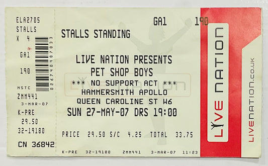 Pet Shop Boys Original Unused Concert Ticket Hammersmith Apollo London 27th May 2007