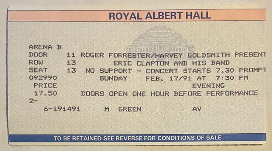 Eric Clapton Original Used Concert Ticket Royal Albert Hall London 17th Feb 1991