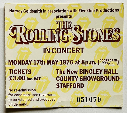 Rolling Stones Original Used Concert Ticket New Bingley Hall Stafford 1976