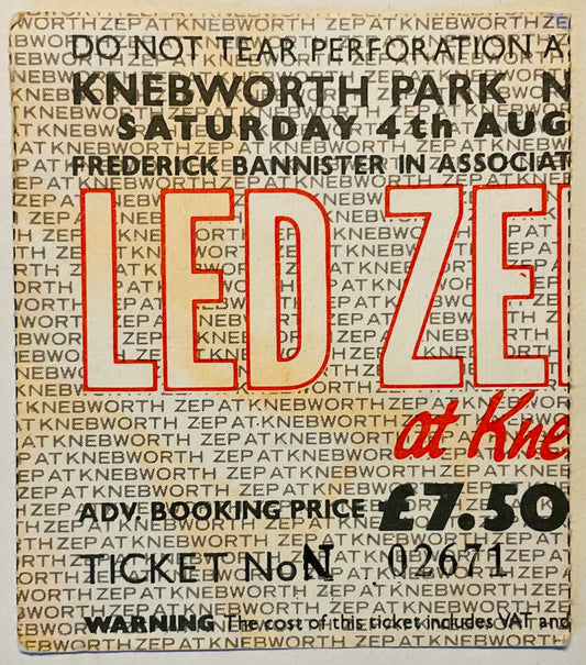 Led Zeppelin Original Used Concert Ticket Knebworth Park Stevenage 4th Aug 1979