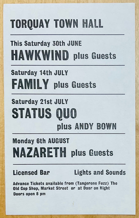 Hawkwind Nazareth Status Quo Original Concert Handbill Flyer Town Hall Torquay 1973