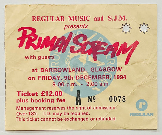 Primal Scream Original Used Concert Ticket Barrowland Ballroom Glasgow 9th Dec 1994