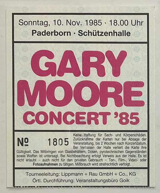 Gary Moore Original Used Concert Ticket Schützenhalle Paderborn 10th Nov 1985