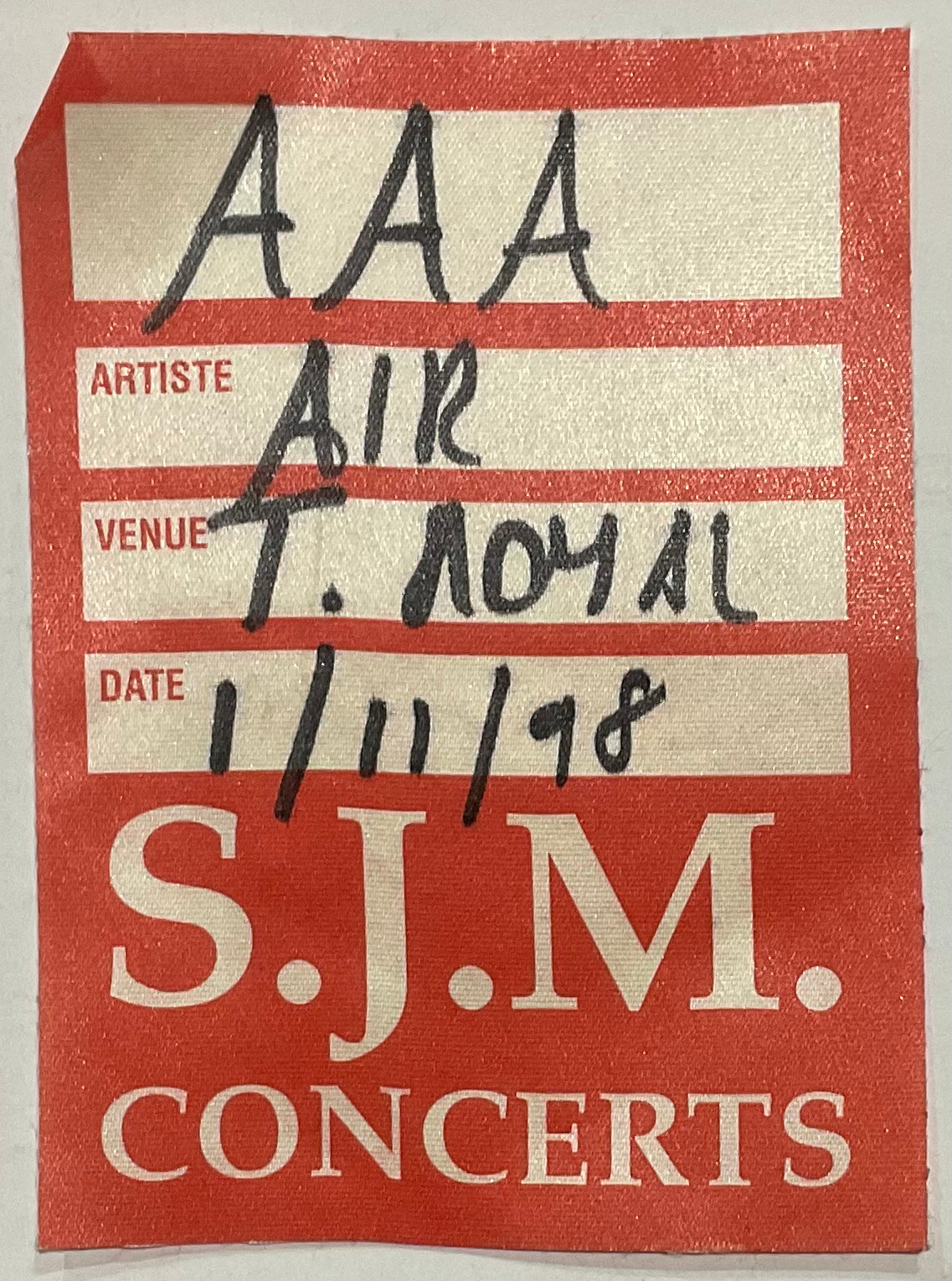 Air Original Used Concert Backstage Pass Ticket Theatre Royal Drury Lane London 1st Nov 1998