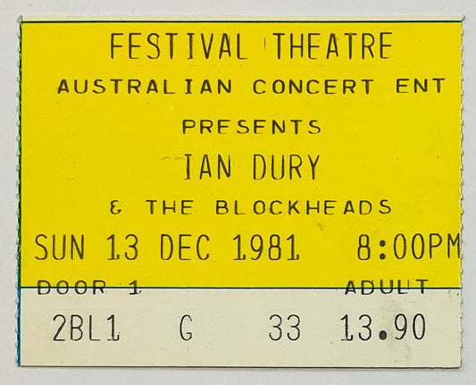 Ian Dury & the Blockheads Original Used Concert Ticket Festival Theatre Adelaide 13th Dec 1981