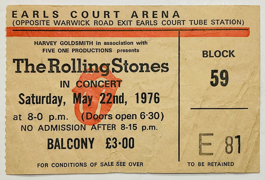 Rolling Stones Original Used Concert Ticket Earl’s Court London 22nd May 1976