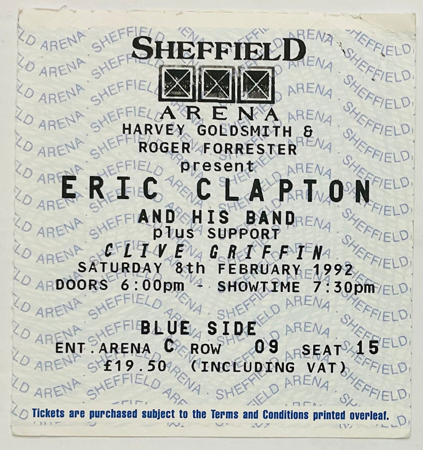 Eric Clapton Original Used Concert Ticket Sheffield Arena 8th Feb 1992
