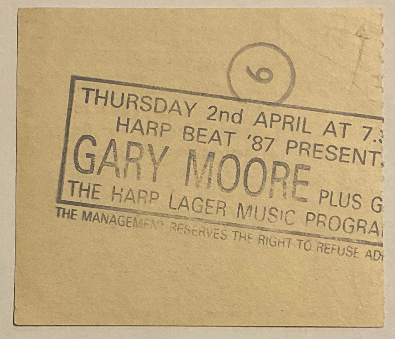 Gary Moore Original Used Concert Ticket Hammersmith Odeon London 2nd Apr 1987