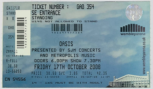 Oasis Original Unused Concert Ticket Wembley Arena London 17th Oct 2008