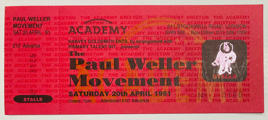 Paul Weller Movement Original Early Unused Concert Ticket Brixton Academy London 20th Apr 1991