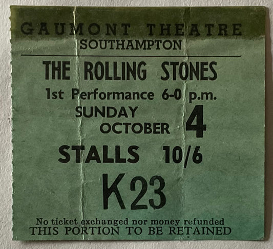 Rolling Stones Original Used Concert Ticket Gaumont Theatre Southampton 4th Oct 1964