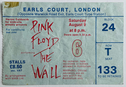 Pink Floyd Original Used Concert Ticket Earls Court London 9th Aug 1980