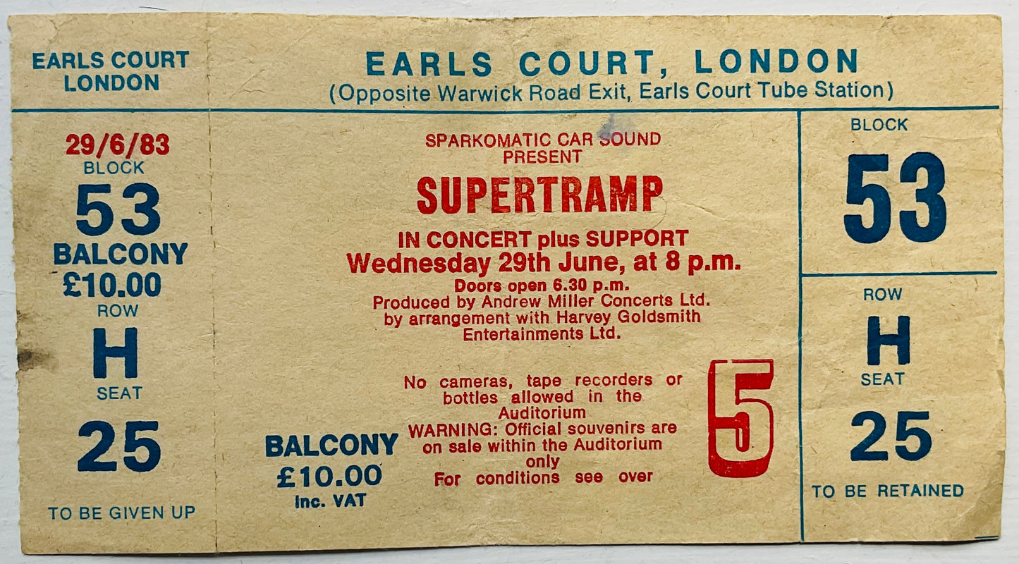 Supertramp Original Unused Concert Ticket Earls Court London 29th June 1983