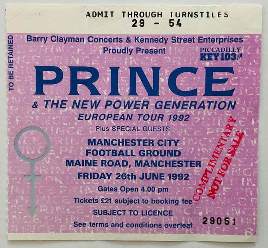 Prince Original Used Concert Ticket Manchester City Football Ground 26th Jun 1992