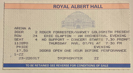 Eric Clapton Original Used Concert Ticket Royal Albert Hall London 7th Mar 1991