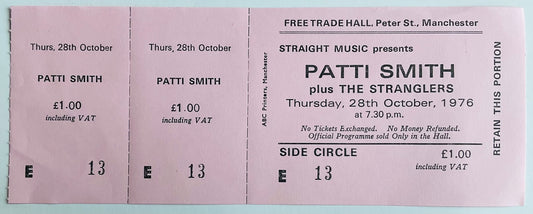Stranglers Patti Smith Early Unused Concert Ticket Free Trade Hall Manchester 28th Oct 1976
